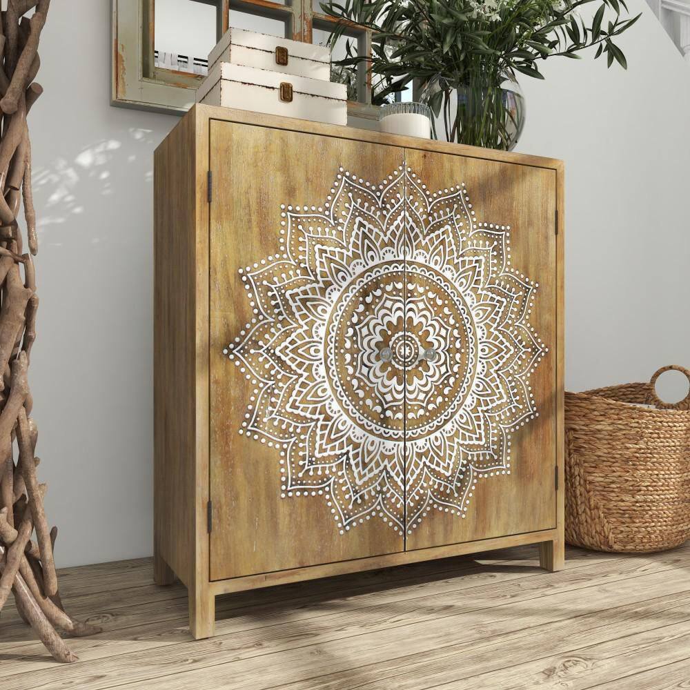 Brown Wood Intricately Carved Floral Cabinet with Shelf and Doors