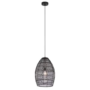 Zooey 12.25 in. 1-Light Black Woven Metal Cone-Shaped Shaded Pendant Light