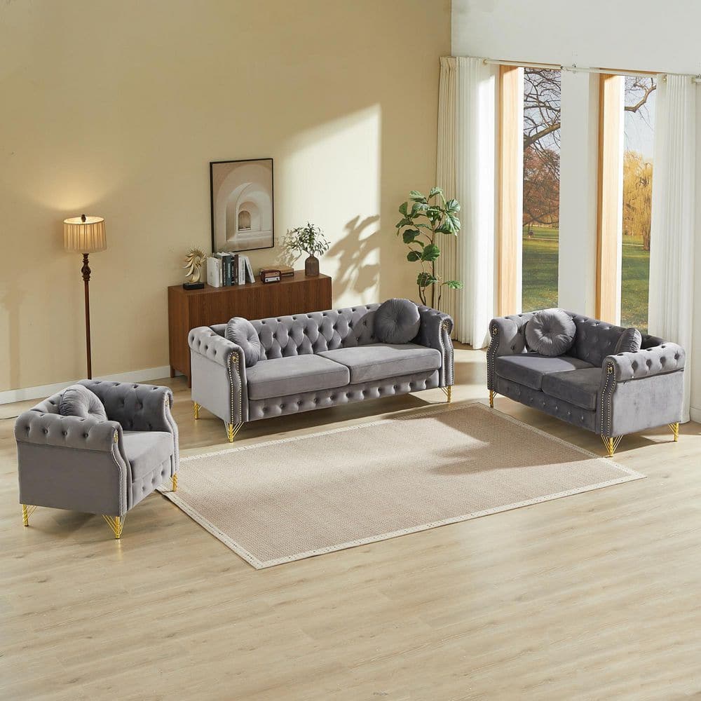 Lornell French 82 in. 3-Piece Velvet Button Tufted Upholstered Rectangle Sectional Sofa Set in Grey with Pillows