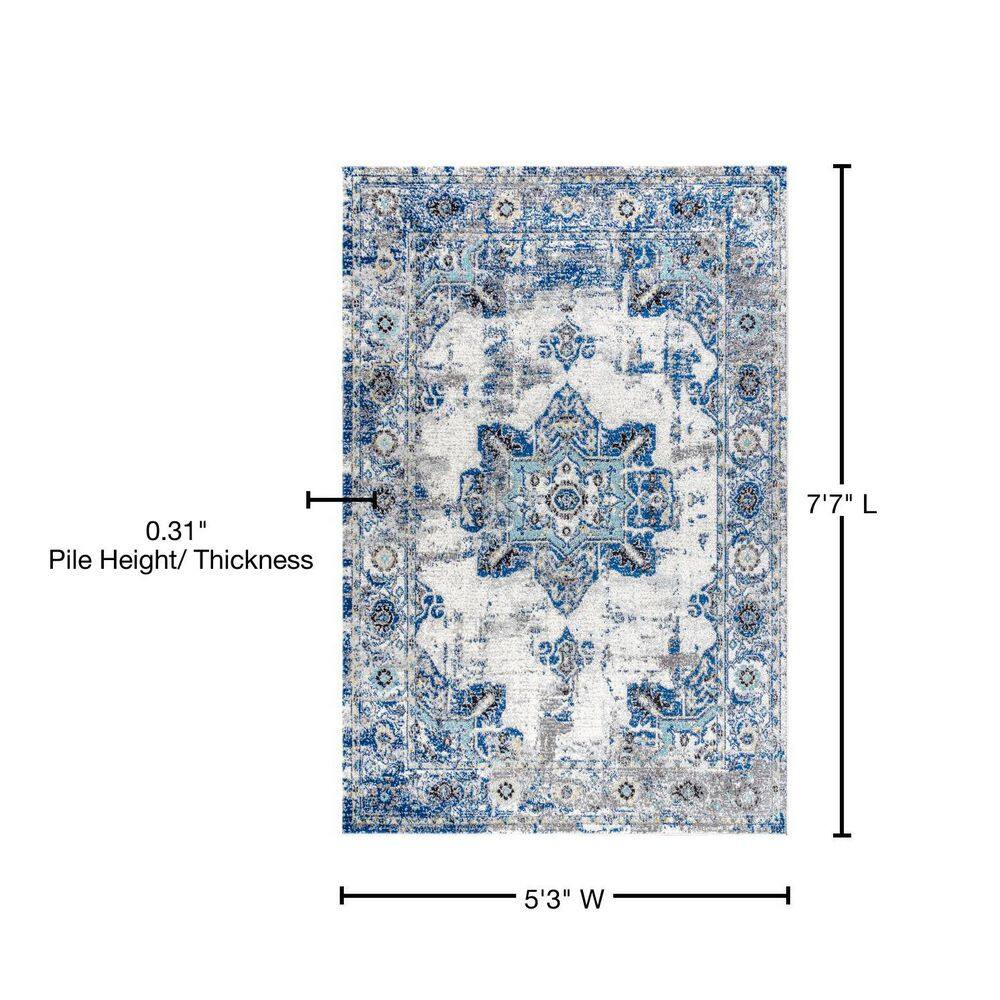 Ivory and Blue Persian Boho Vintage Medallion Area Rug