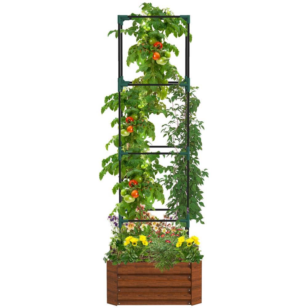Raised Garden Bed, Brown Steel Outdoor Planter Box with Trellis Tomato Cage