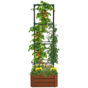 Raised Garden Bed, Brown Steel Outdoor Planter Box with Trellis Tomato Cage and Open Bottom for Climbing Vines.