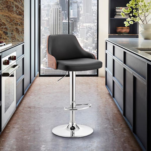 Armen Living Asher 24-33 in. Adjustable High Back Black Faux Leather and Chrome Finish Bar Stool