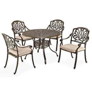Capri Taupe Tan Brown 48 in. 5-Piece Cast Aluminum Round Outdoor Dining Set with Natural Tan Cushions