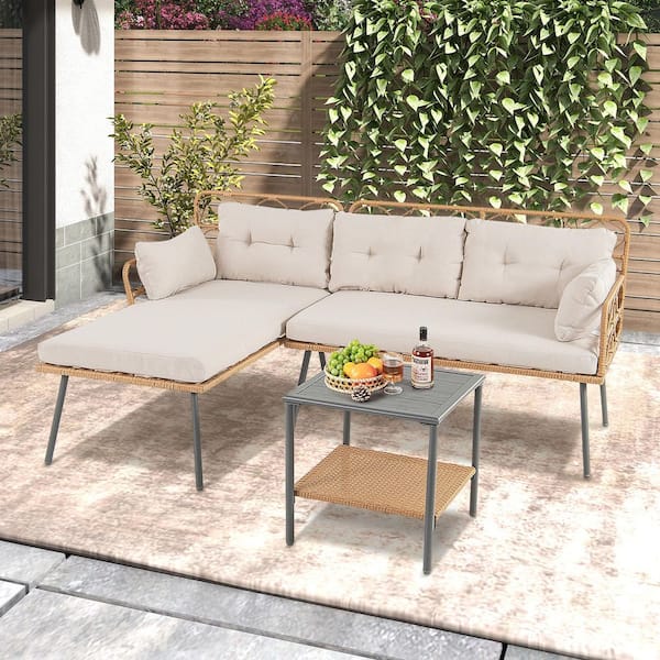 Liviza 3-Piece Wicker Patio Conversation Set with Beige Cushions