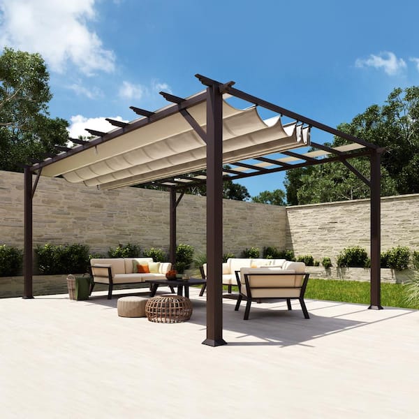 Paragon Outdoor Florence 11 ft. x 16 ft. Wood Grain Aluminum Pergola in Chilean Ipe and Sand Convertible Canopy