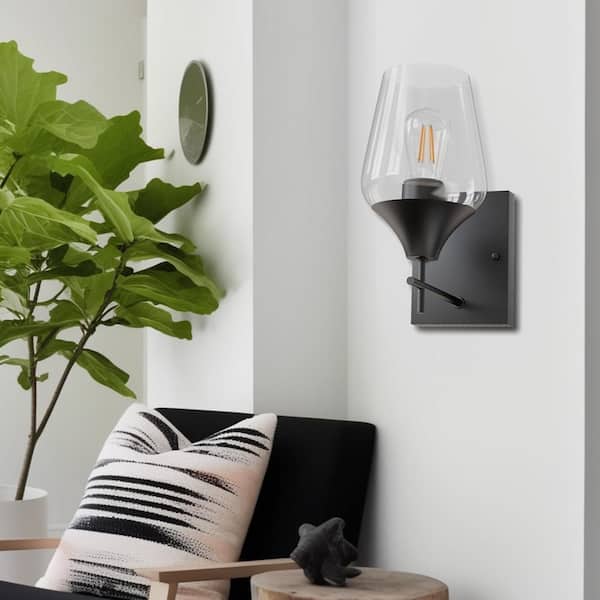 7.09 in. Matte Black Wall Sconce Vanity Light, 1-Light Design with Wine Glass Shade