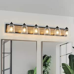 48.5 in. 6-Light Black Farmhouse Vanity Light Fixture with Brown Faux Wood Accent and Seeded Glass Shades