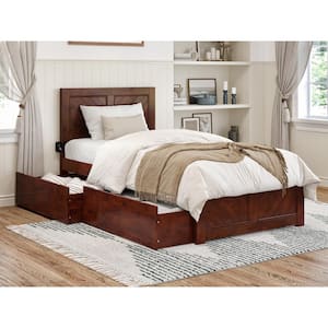 Canyon Walnut Brown Solid Wood Twin XL Platform Bed with Matching Footboard and Storage Drawers