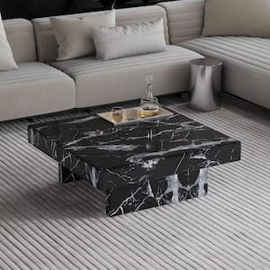 31.4 in. Square Faux Marble Top Coffee Table with Storage for Living Room, Black