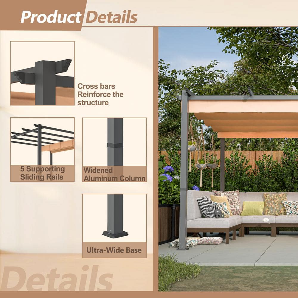Khaki Aluminum Patio Pergola with Retractable Canopy