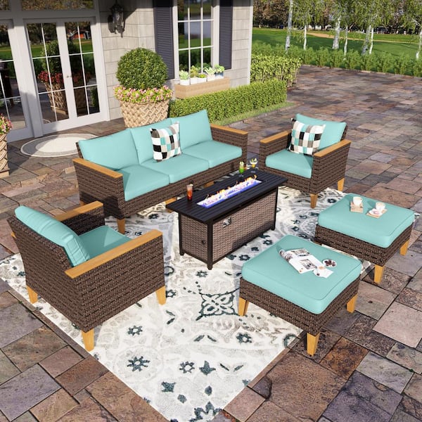 PHI VILLA Brown Rattan Wicker 7 Seat 8-Piece Steel Outdoor Patio Conversation Set with Blue Cushions, Rectangular Fire Pit Table
