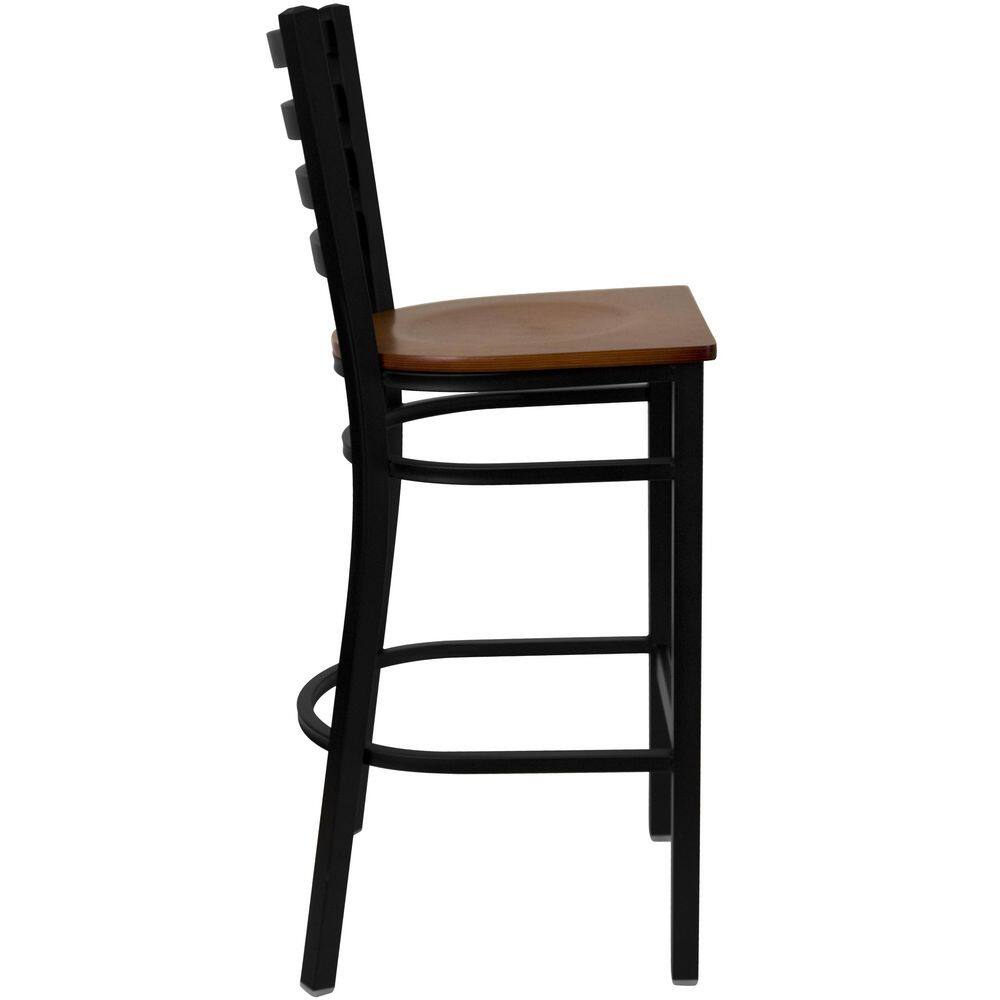 Elegant Ladder Back Black Metal Barstool with Cherry Wood Seat