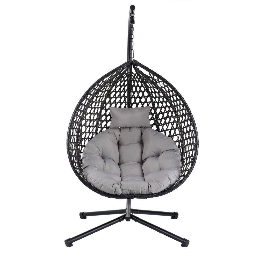 Black Metal and Black Rattan Patio Swing with Gray Soft Removable Cushion