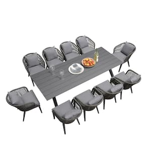 11-Piece All-Weather Wicker Outdoor Dining Set with Table All Aluminum Frame and Gray Cushions for Garden Backyard Deck
