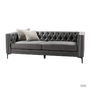 Eridu Comtemperary 84 in. Square Arm Faux Leather Button-Tufted design Tuxedo Rectangle Sofa in Grey
