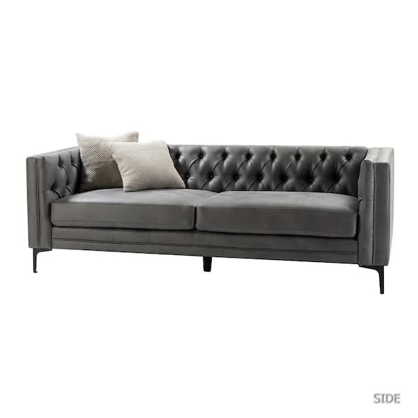 JAYDEN CREATION Eridu Comtemperary 84 in. Square Arm Faux Leather Button-Tufted design Tuxedo Rectangle Sofa in Grey