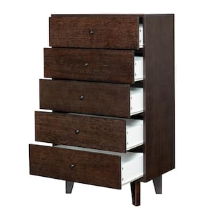 Retro 27.56 in. W x 15.75 in. D x 47.56 in. H Brown Linen Cabinet with 5-Drawer Wood Sideboard for Bedroom