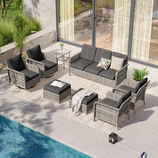 JOYESERY 8-Piece Gray Wicker Patio Conversation Set with Swivel Rocking Chairs and Side Table, Black Cushion