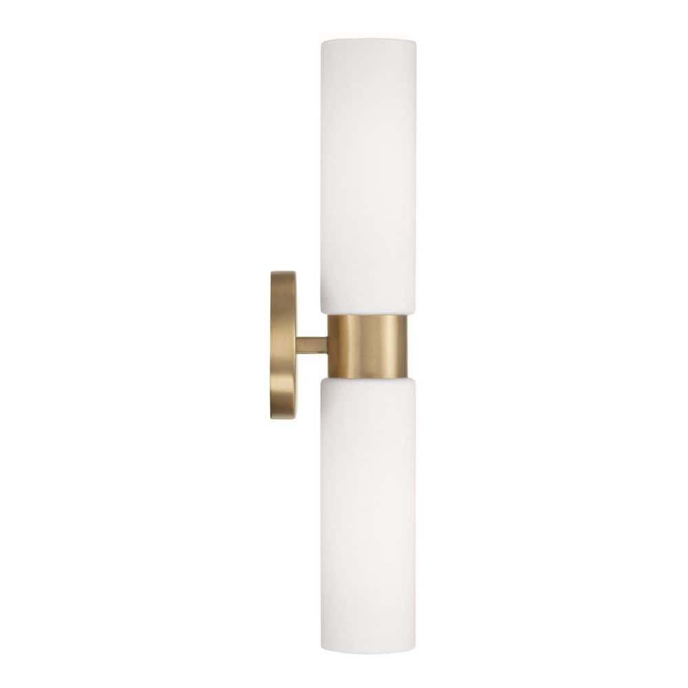 Aged Brass and White Glass Dual Cylinder Wall Sconce
