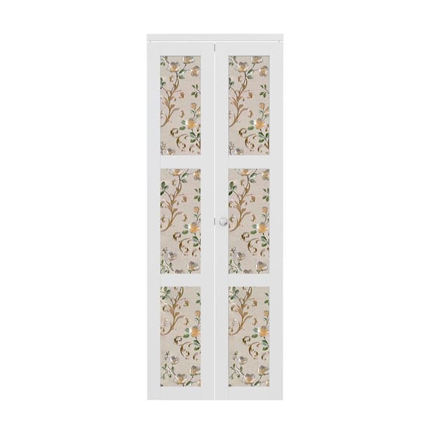 ARK DESIGN 30 in. x 80 in. 3-Lite Tempered Frosted Glass Solid Core MDF White Finished Bi-fold Door with Peony Sticker and Hardware