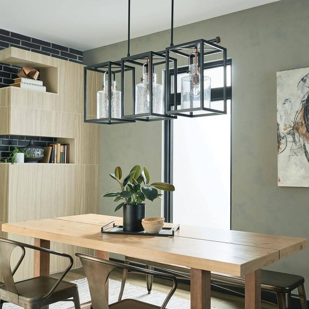 Black Steel Cage 3-Light Linear Chandelier with Clear Seeded Glass