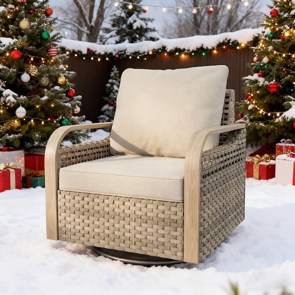Outdoor Patio Swivel Brown Wicker Outdoor Rocking Chair with Gray Cushions