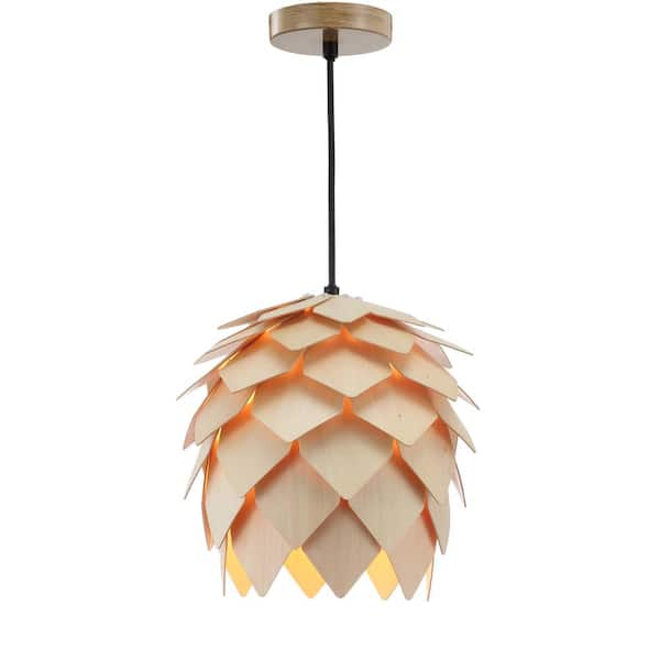 Simon 11.75 in. 1-Light Natural/Black Pinecone Wood LED Pendant