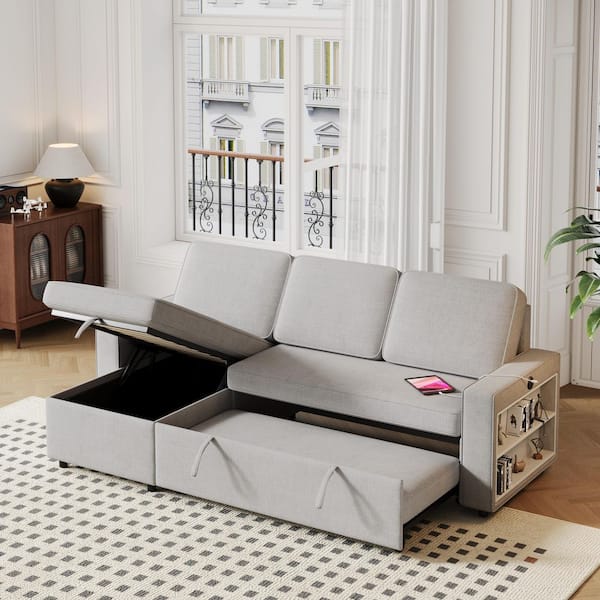 aisword Light Grey 85.8 in. LShaped Polyester Convertible Pull-Out Sleeper Sofa Bed with Storage Chaise Racks and Charging Ports
