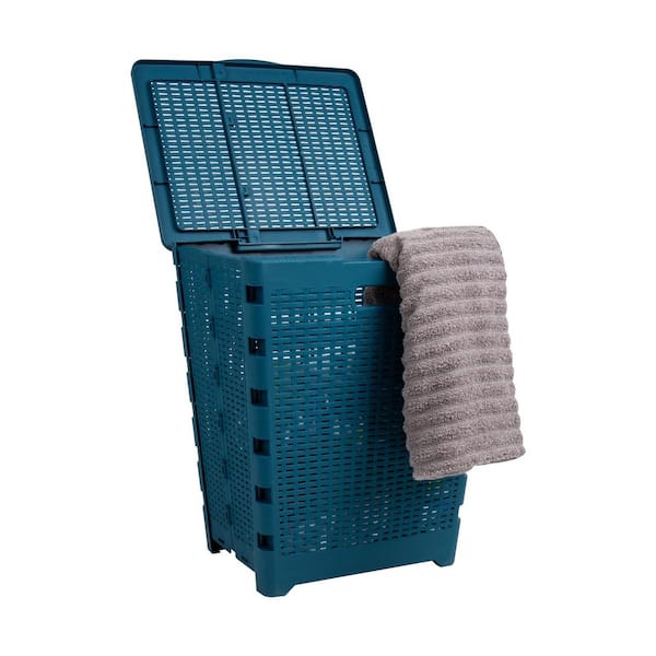 Mind Reader Basket Collection Blue 21.25 in. H x 14.5 in. W x 18 in. D, Plastic Modern Rectangle Laundry Room Hamper, Foldable