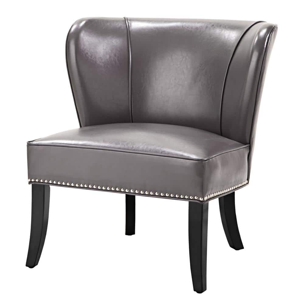 Elegant Gray Faux Leather Armless Accent Chair with Silver Nailhead Trim
