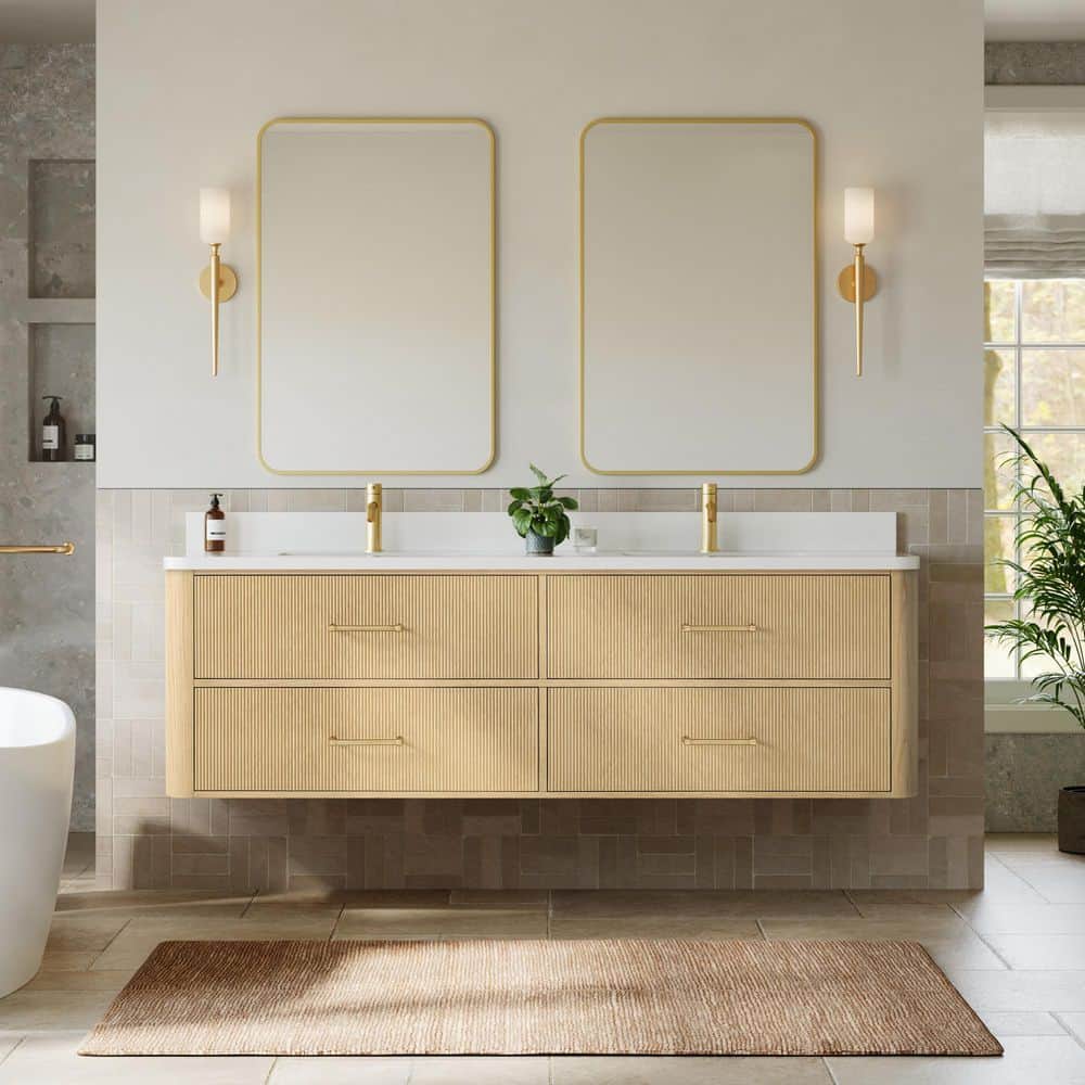 Francesca WM 71.75 in. Double Wall-Mounted Scandinavian Oak with Satin Bronze Trim Bath Vanity with White Quartz Top price history on PriceWatchPro