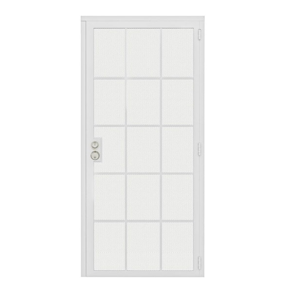 36 in. x 80 in. Universal/Reversible 15-Grid White Surface Mount Steel Security Door w/Expanded Metal Screen(Lock)