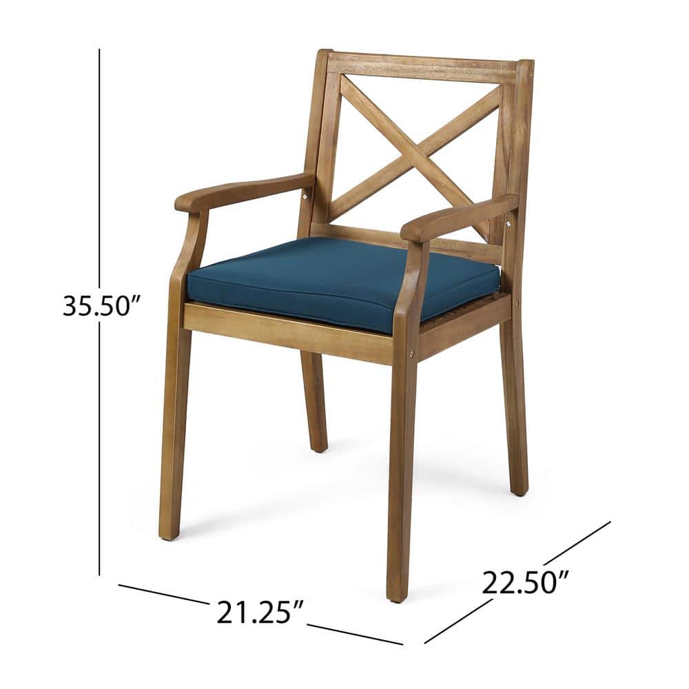 Scandinavian Teak Brown Wood Dining Chair with Blue Cushions, Set of 2