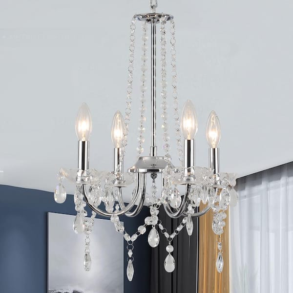 LWYTJO Ellie 4-Light Chrome Traditional Candle Style Crystal Raindrop Chandelier for Bedroom Living Room Kitchen Island Foyer
