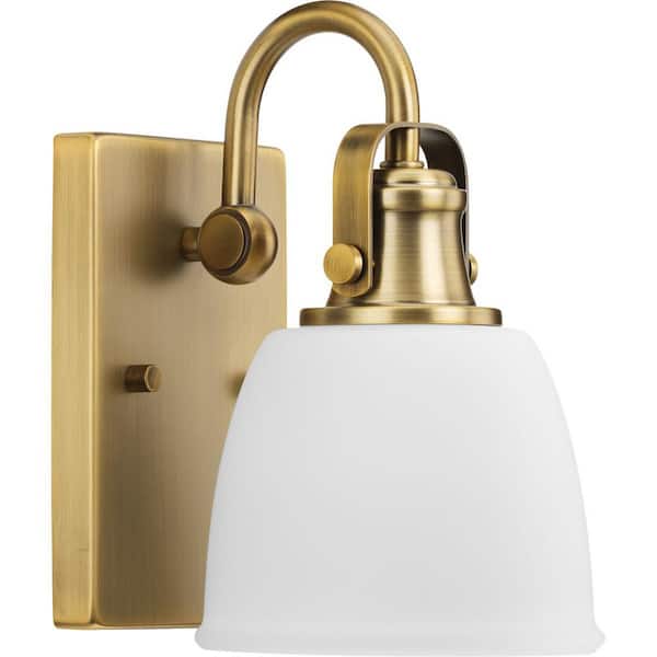 Progress Lighting Preston 5.75 in. 1-Light Vintage Brass Vanity Light with Etched Opal Glass Shade
