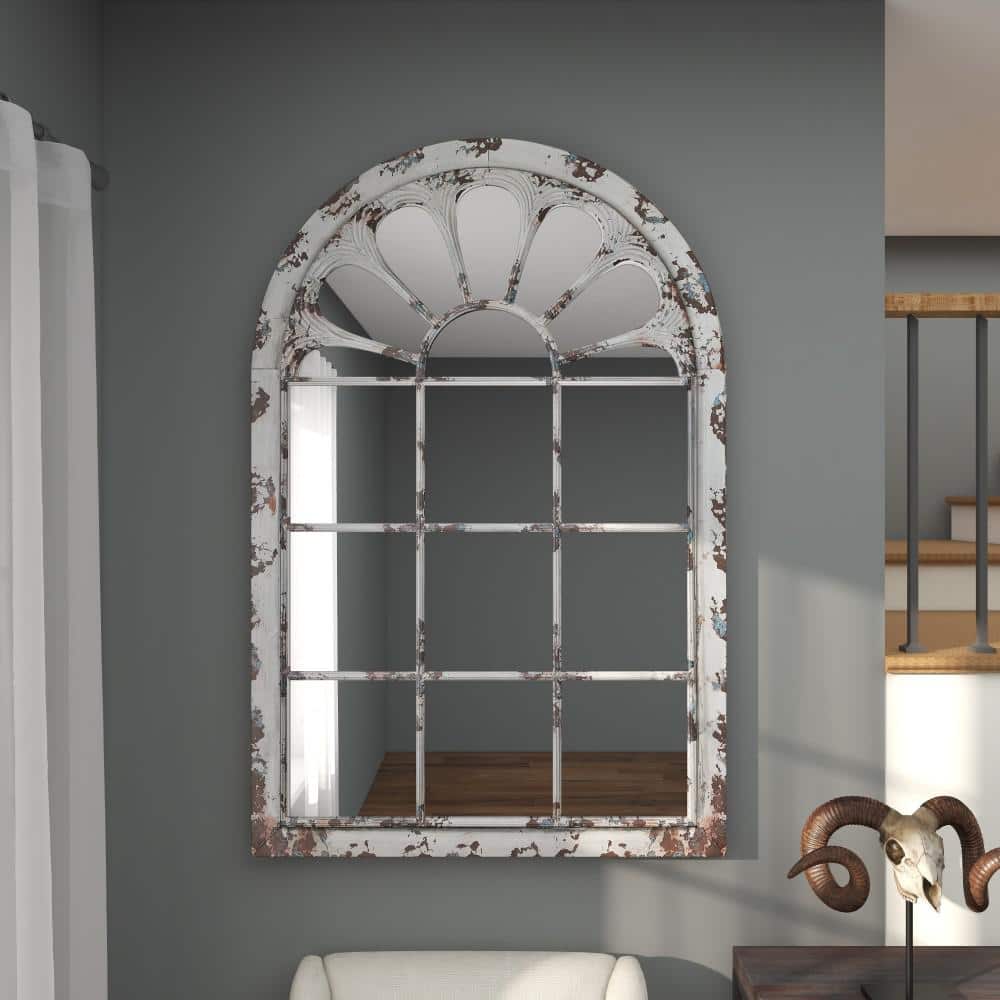 White Distressed Wood Arched Windowpane Wall Mirror