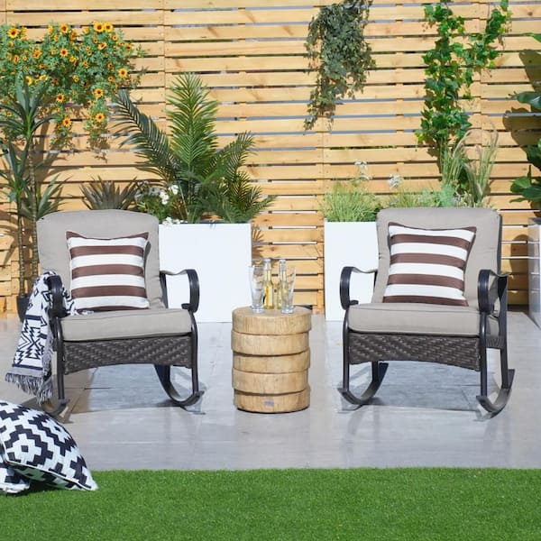 DIRECT WICKER Bella 3-Piece Metal Round Outdoor Bistro Set with Wood Grain Color Concrete Side Table, Rocking Chairs and Grey Cushions