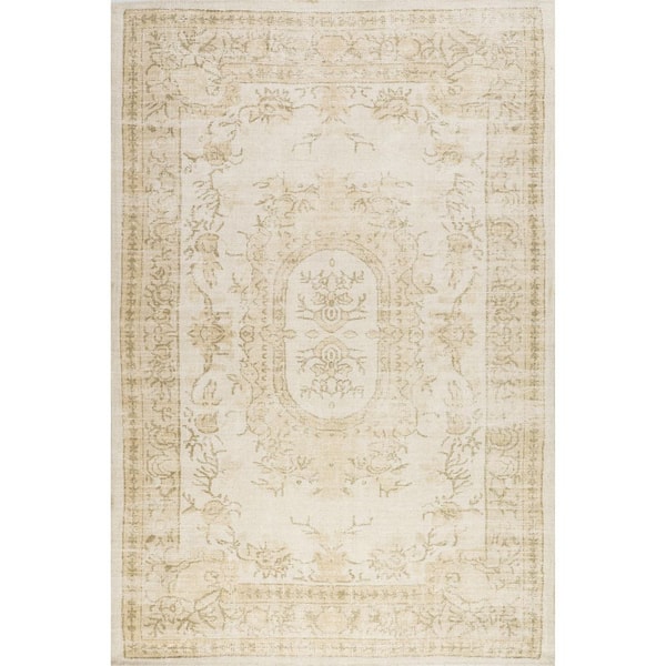 Castellan Medallion Wool Cotton Beige 3 ft. x 5 ft. Indoor/Outdoor Patio Area Rug
