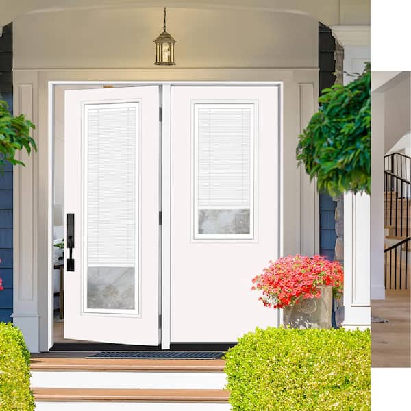 Legacy 72 in. x 80 in. Primed LHOS Center-Hinged Fiberglass 2/3 Tempered Glass Prehung Double Patio Door with Blinds