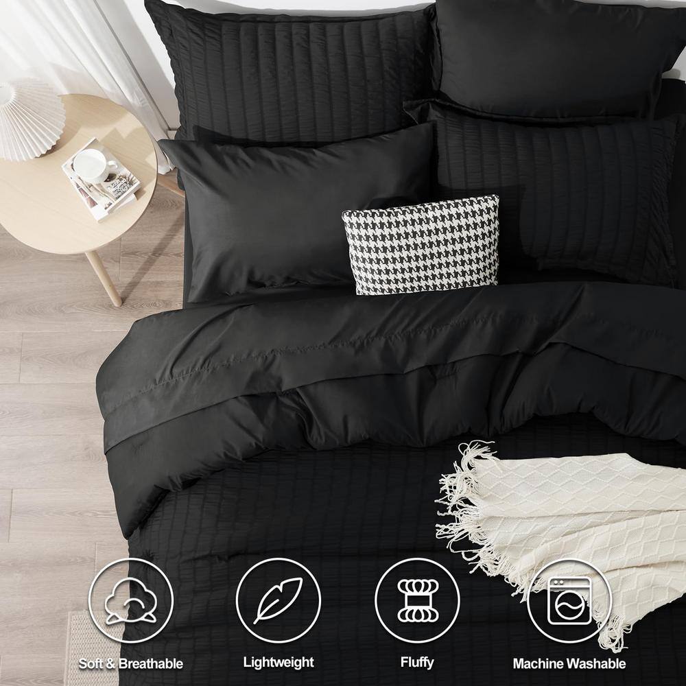 Full Black Microfiber Seersucker Comforter Set with Sheets