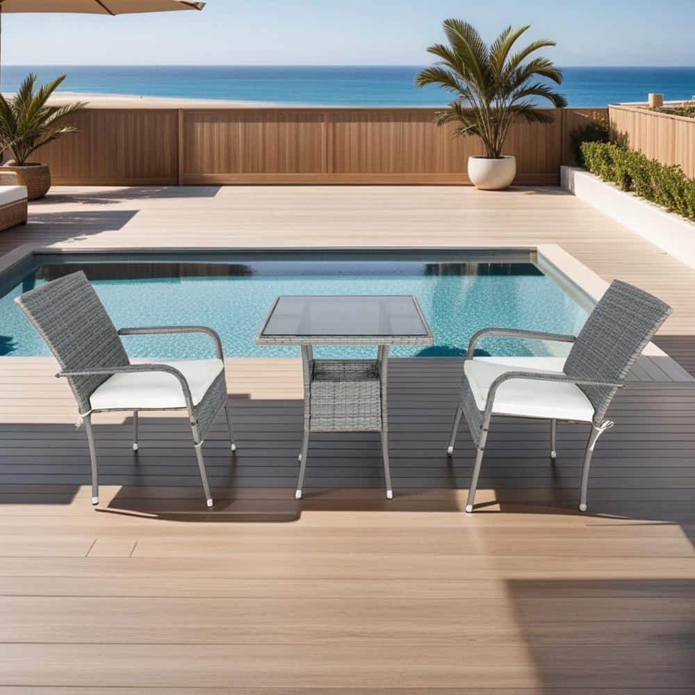 3-Piece Wicker Patio Conversation Set with Glass Top Table, Outdoor Furnitu