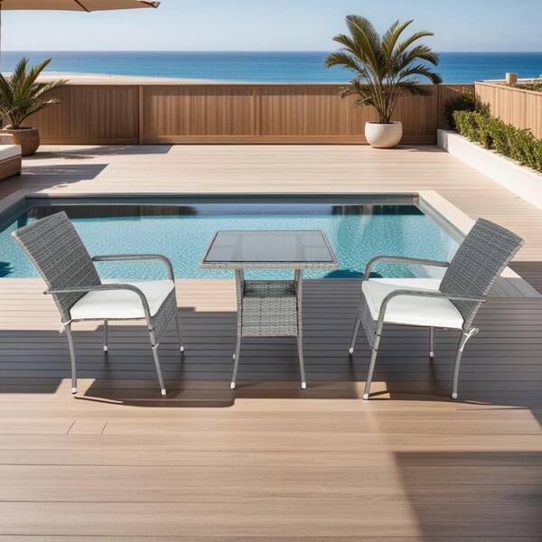 Unbranded 3-Piece Wicker Patio Conversation Set with Glass Top Table, Outdoor Furniture Set, Grey Wicker and White Cushions