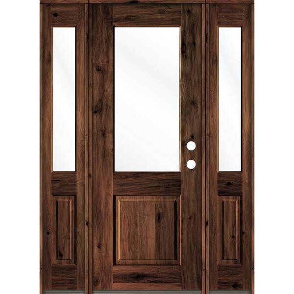 Krosswood Doors 60 in. x 96 in. Rustic Alder Wood Clear Half-Lite Red Mahogony Stain Left Hand Single Prehung Front Door/Sidelites