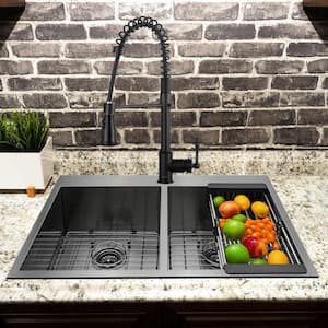 All-in-One Gunmetal Matte Black Finish Stainless Steel 33 in. Double Bowl Drop-In Kitchen Sink with Kitchen Faucet