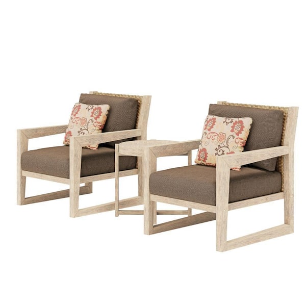 Antique White 3-Piece Acacia Wood Patio Conversation Set with Brown Cushions and Sunbrella Pillows