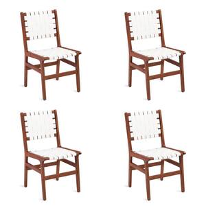 Attox 18 in. White Wood Frame Dining Chairs Modern Bar Stools with Solid Wood Woven Leather Seat and Back (Set of 4)