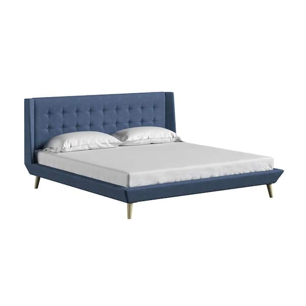 Dorel Living Cathya 87 in. Blue Linen Upholstered King Bed