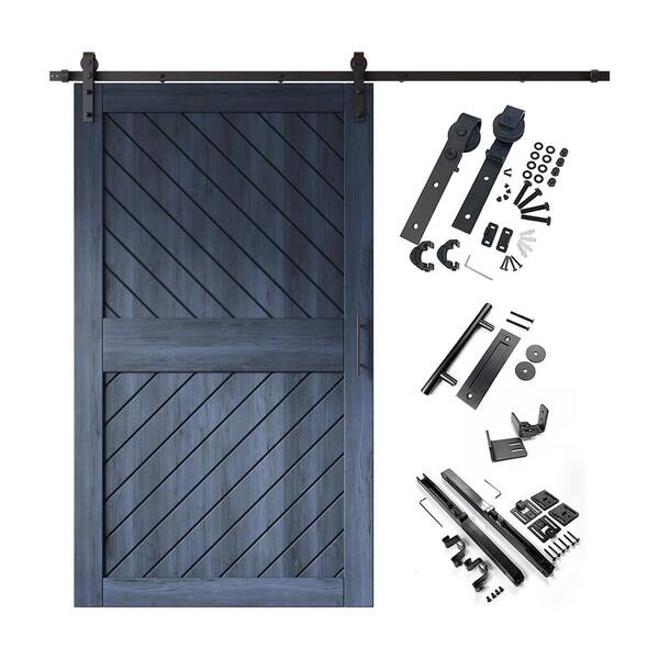 XT4 48 in. x 84 in. C-Panel Navy Slanted Stripe Design Solid Pine Wood Sliding Barn Door with Hardware Kit