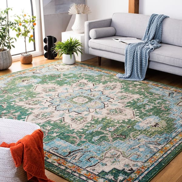 Madison Green/Turquoise 12 ft. x 15 ft. Border Geometric Floral Medallion Area Rug